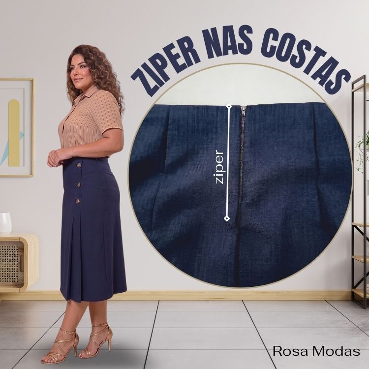 Saia Midi Feminina Plus Size G1 G2 Cintura Alta com Pregas, 3 Botões e Zíper nas Costas — imagem 2 de 2