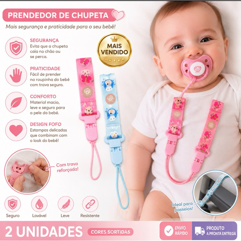 Kit 2 Prendedor de Chupeta Universal Com Trava Com Corrente e Clipe Menino e Menina