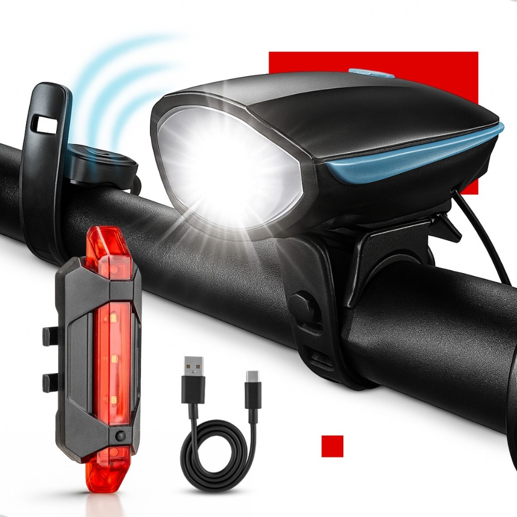Kit Farol de LED Com Buzina Recarregável + Sinalizador Traseiro Para Bike Bicicleta