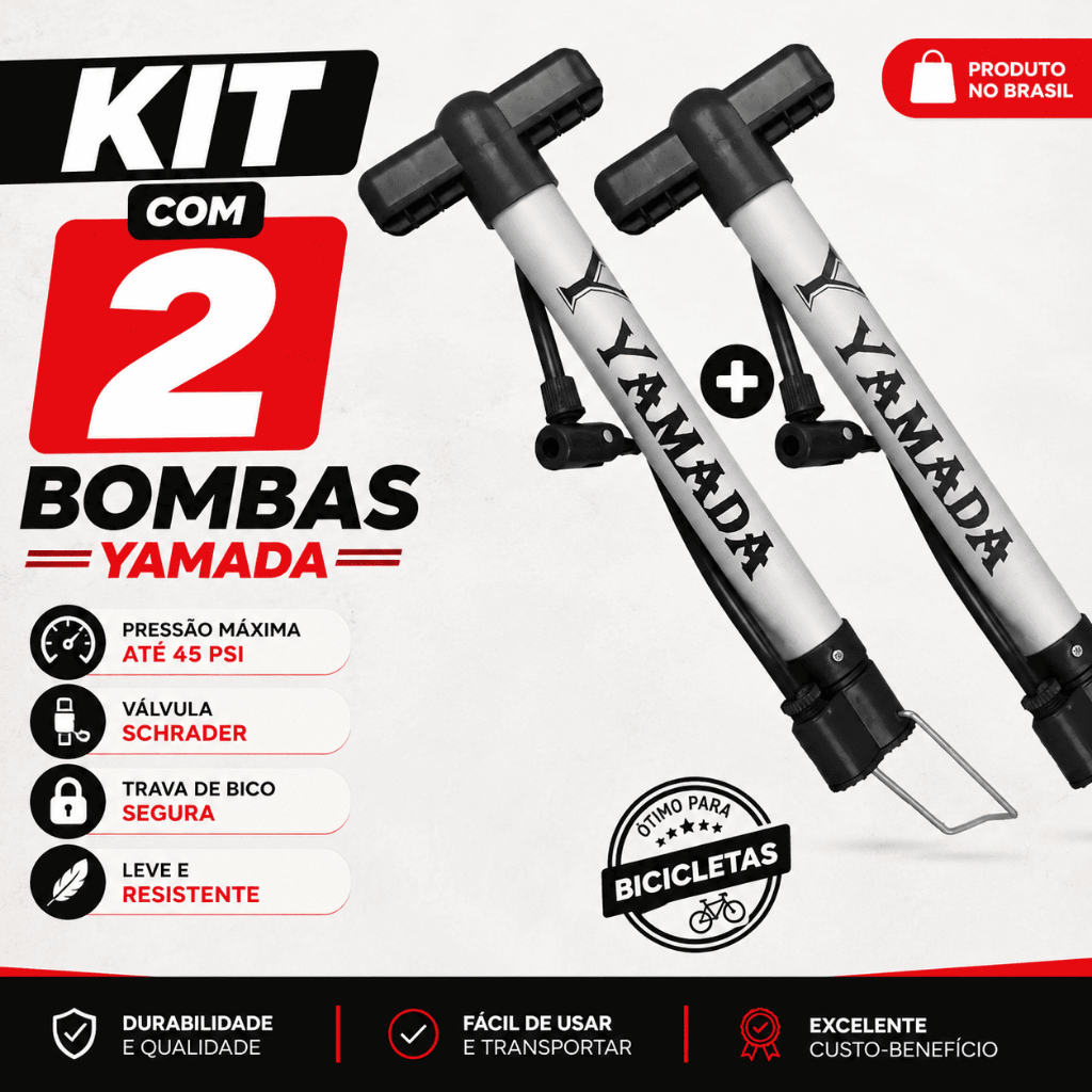KIT Com 2 Bombas De Pé Para Encher Pneu Da Bicicleta, YAMADA, 45PSI, Pneu Bike
