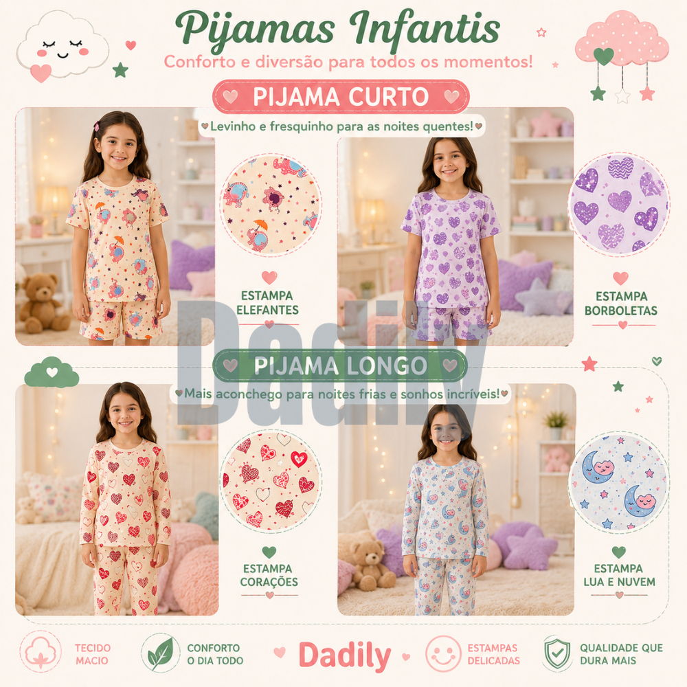 Pijama infantil menina manga longa ou manga curta tamanho 2 a 10 anos 100% algodão estampas sortidas — imagem 2 de 2