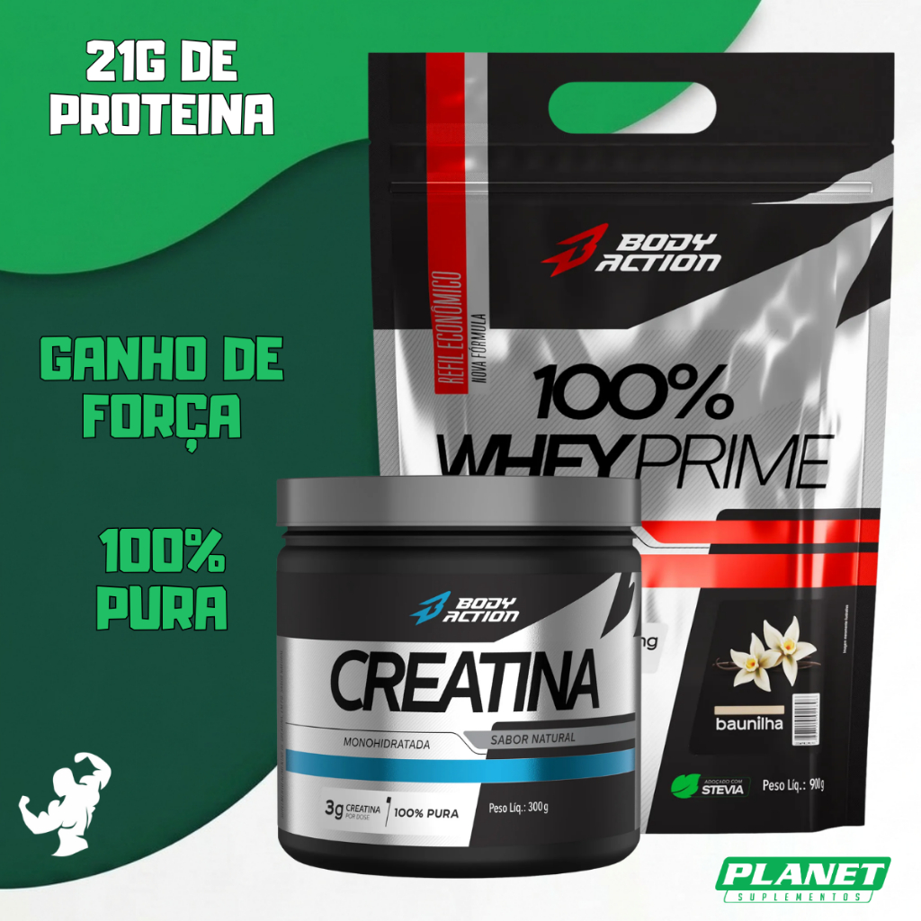 Kit 100% Whey 900g + Creatina 150g Pura BodyAction Ganho de Força Massa Magra Recuperação Muscular