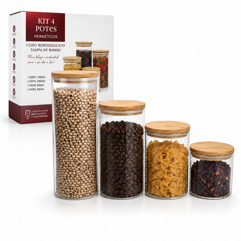 Kit Potes Herméticos de Vidro com Tampa de Bambu – 4 Peças
