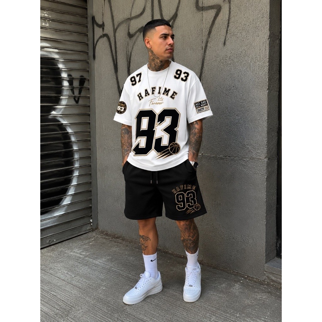 Conjunto Masculino Hafime 93 Camiseta e Bermuda Moletom Streetwear Basquete Premium Confortável