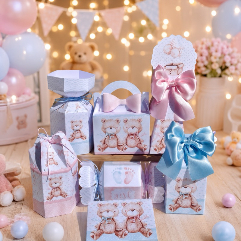PEGUE E MONTE  - Lembrancinhas - Kit Caixas personalizadas para Festa  Chá Revelação Ursinhos Rosa e Azul