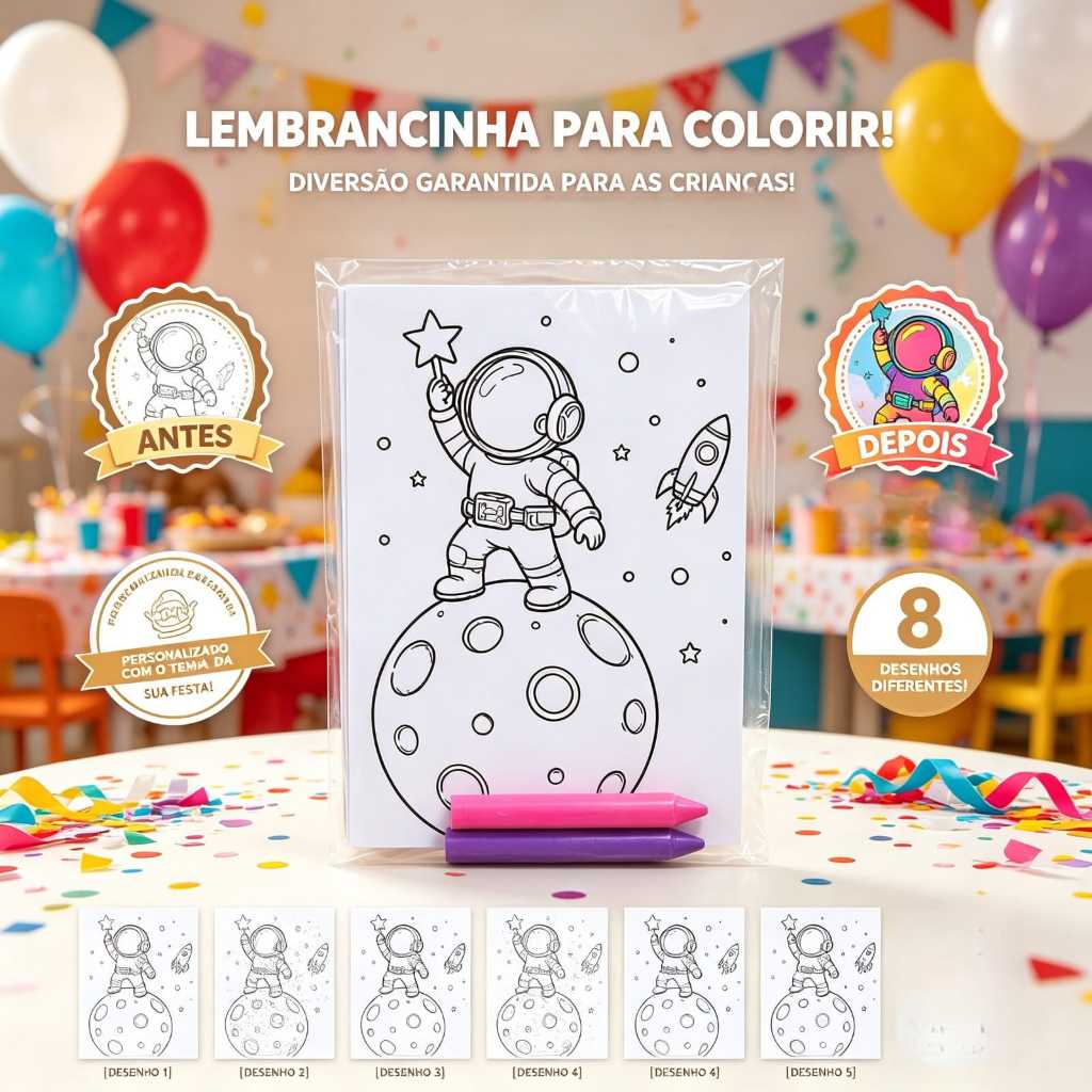 Kit Lembrancinhas de Colorir Personalizadas Astronauta, Fazemos todos os Temas– Festa Infantil, Lembrancinha Aniversário