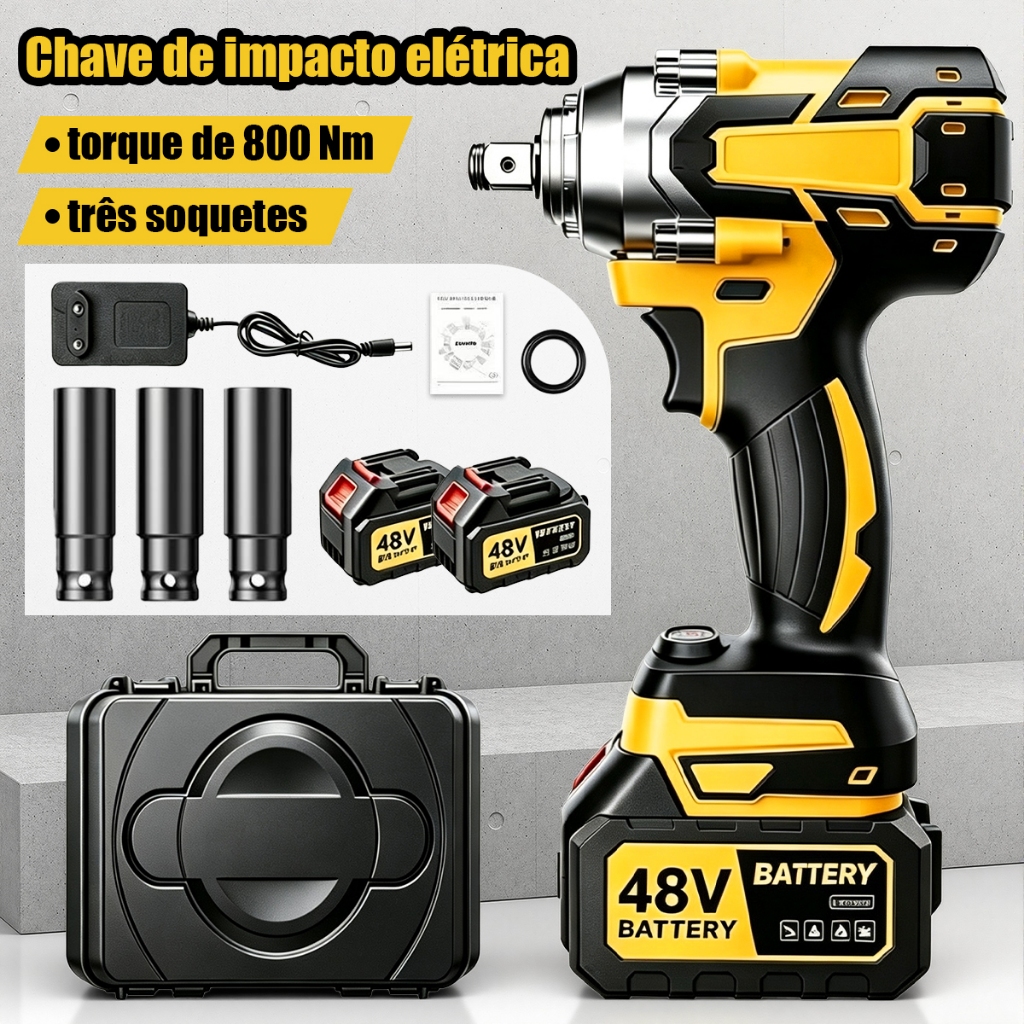 Chave de Impacto Elétrica 48V 800Nm Sem Fio, Pistola de Impacto Profissional, Kit com Soquetes, Bateria Dupla para Carro