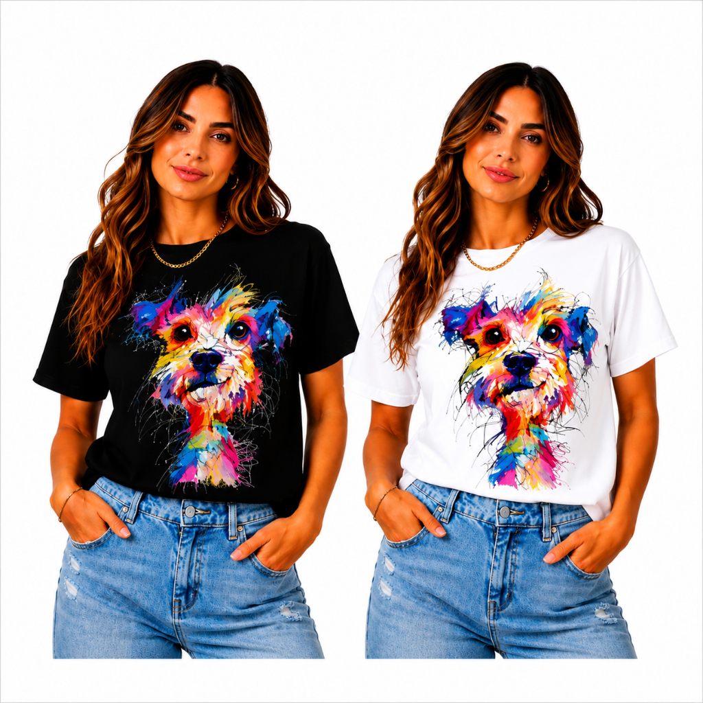 Camiseta Estampada T-Shirt Feminina Estilosa Cachorro Colorida Pet Estampada Divertida 100% Algodão Estilosa Animal