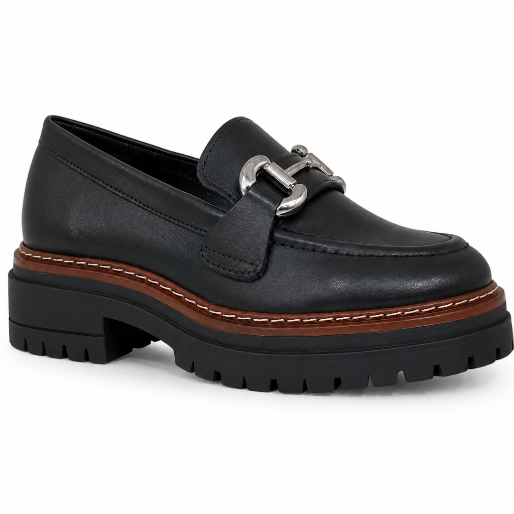 Sapato Mocassim Feminino Bottero Couro Legítimo Preto Solado Tratorado Salto Grosso Confortável Casual Elegante 377901