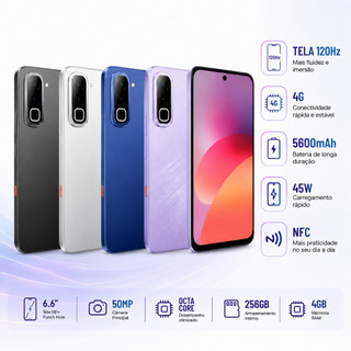 Infinix Hot 70 4+4GB 256GB 4G Tela 120Hz NFC Câmera 50MP Carregamento 45W 5600mAh