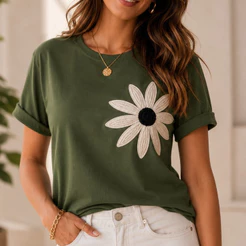 Blusa Feminina Flor Margarida Manga Curta Tshirt Casual Premium Confortável