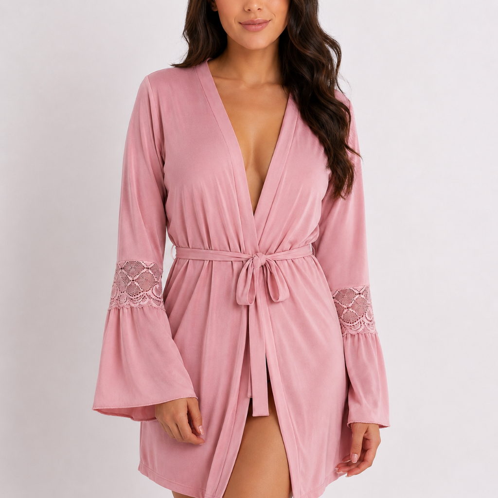 Robe Luxo Manga Longa com Renda Hobby Feminino Roupão Confortável LINHA NOITE LINGERIE