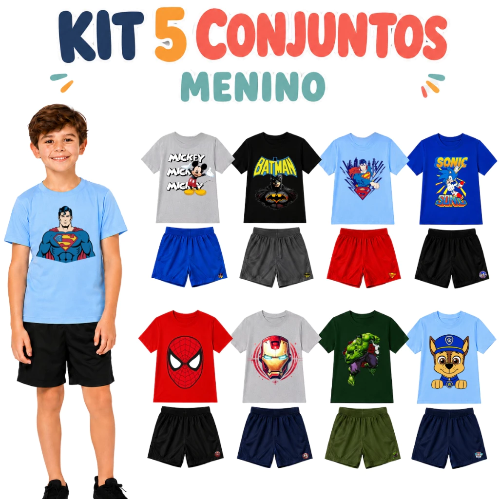 Kit 10 Peças Infantil Menino | 5 Camisetas Algodão + 5 Shorts Tactel | Roupa Verão
