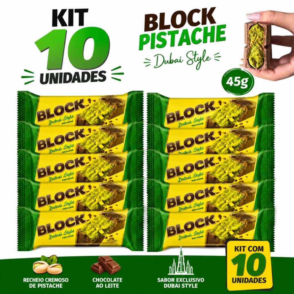 Kit 10 Chocolate de Pistache Block Dubai Style 45g Arcor