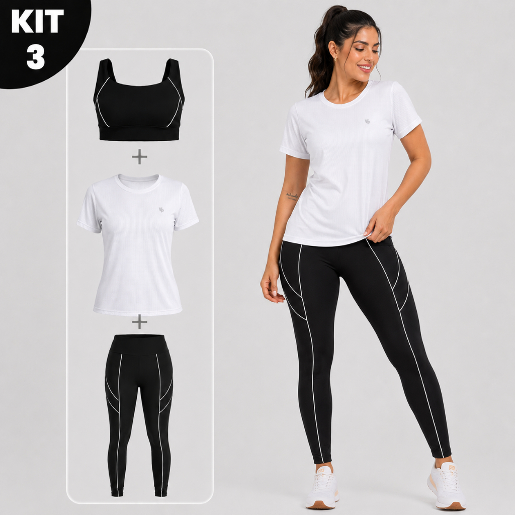 Conjunto Fitness Feminino 3 Peças Legging Cintura Alta + Top + Camisa Dry Fit Academia Zero Transparência