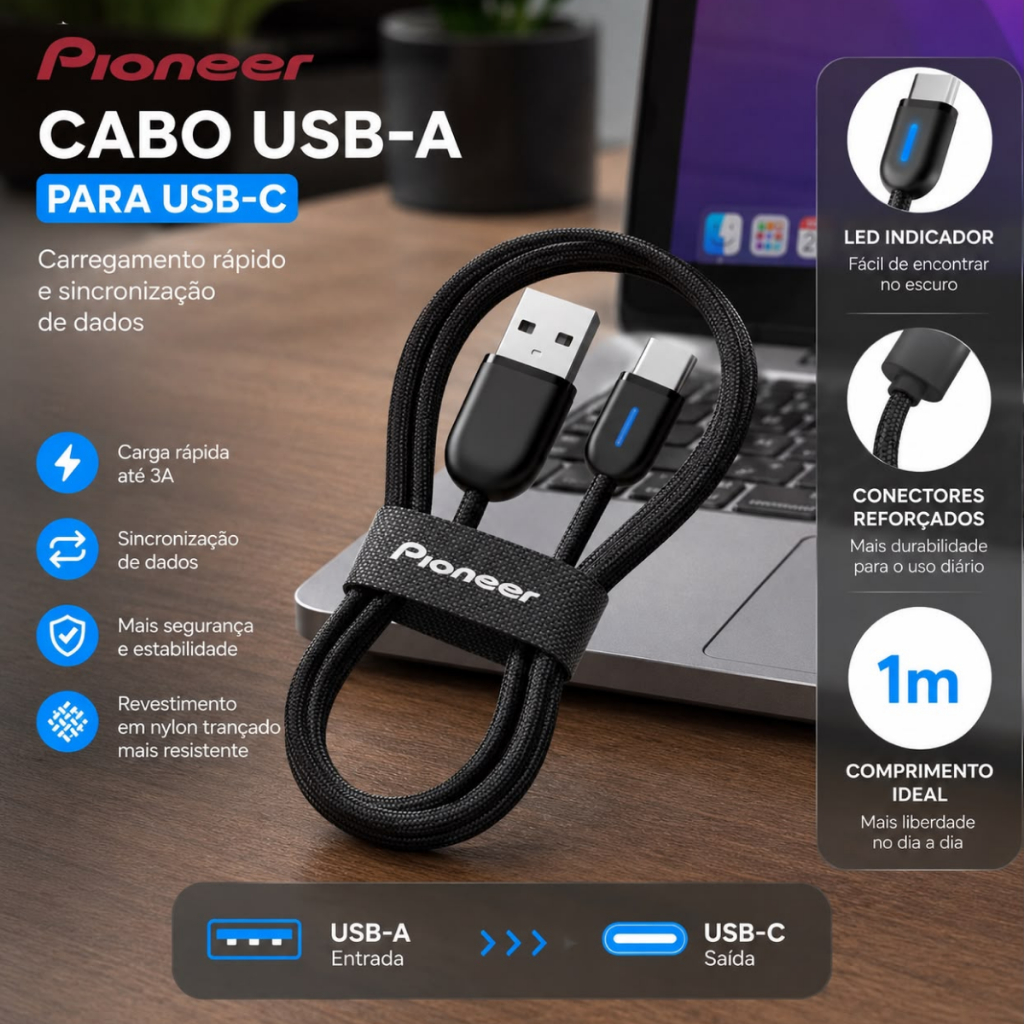 Cabo Carregador Celular Usb Tipo C Pioneer Com Led Smartphone Samsung Xiaomi IPhone Carplay Android