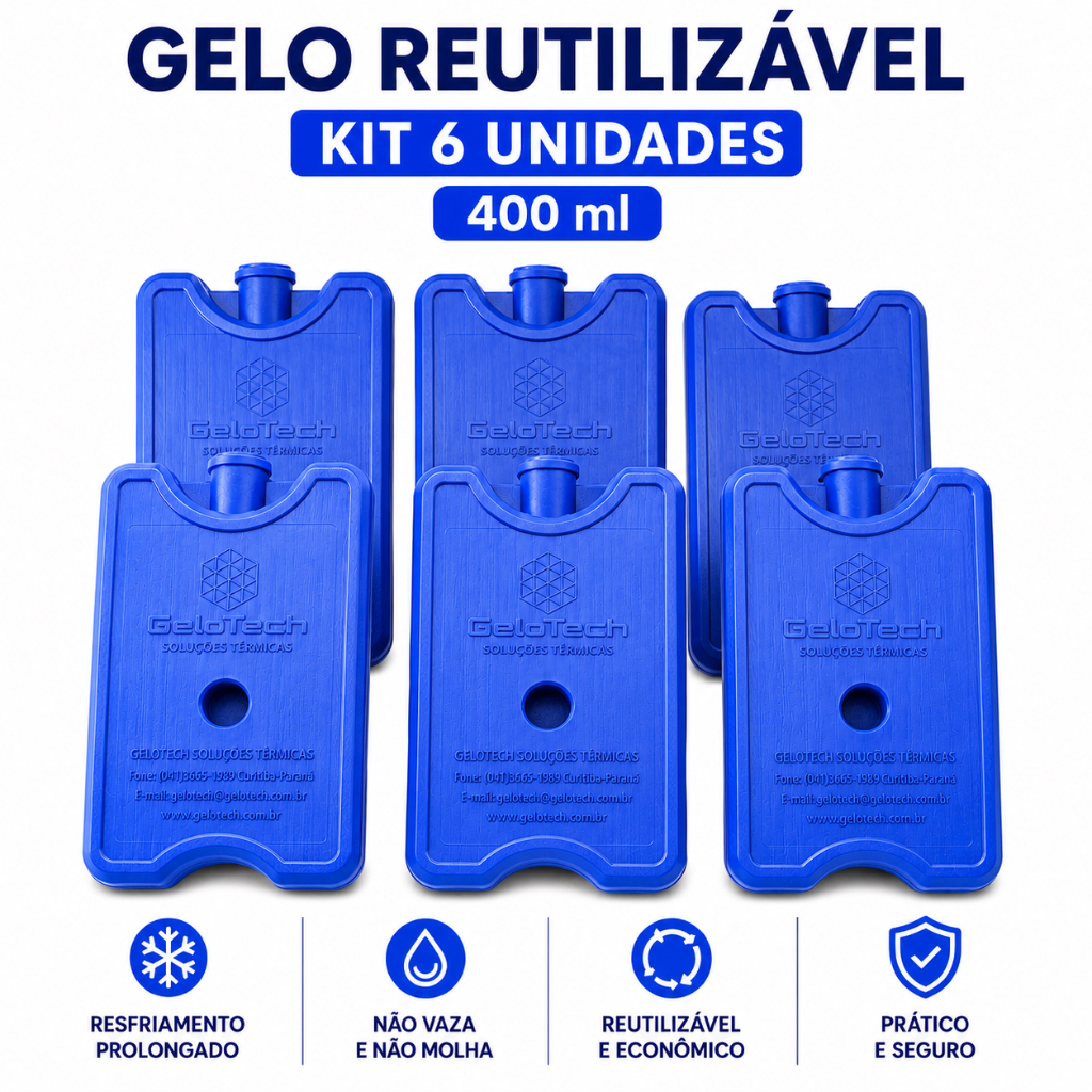 Gelo artificial reutilizável rígido 400 ml Gelotech placa gelox 6 unidades cooler delivery transporte remédio casa