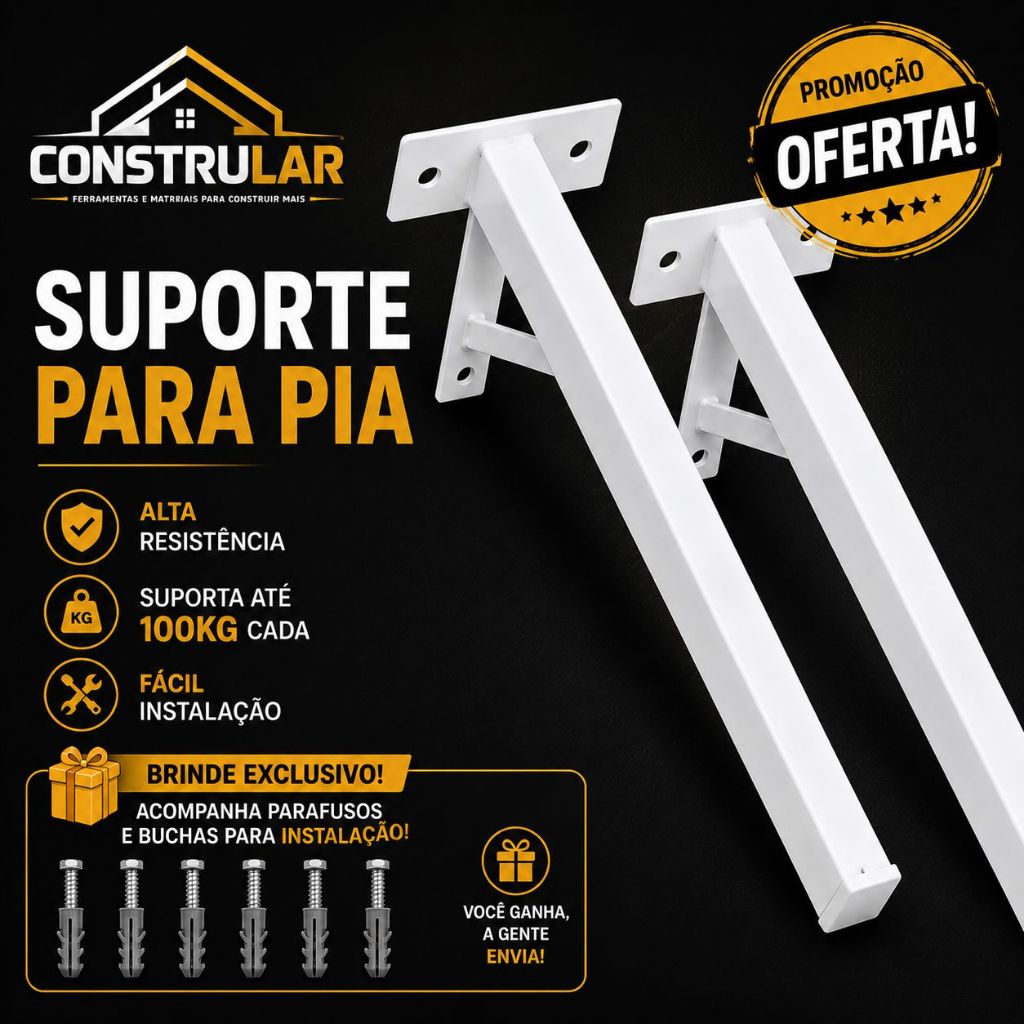KIT 2 Suporte para Pia e Bancada de Granito Reforçado Branca | Mão Francesa Invisível 50 cm