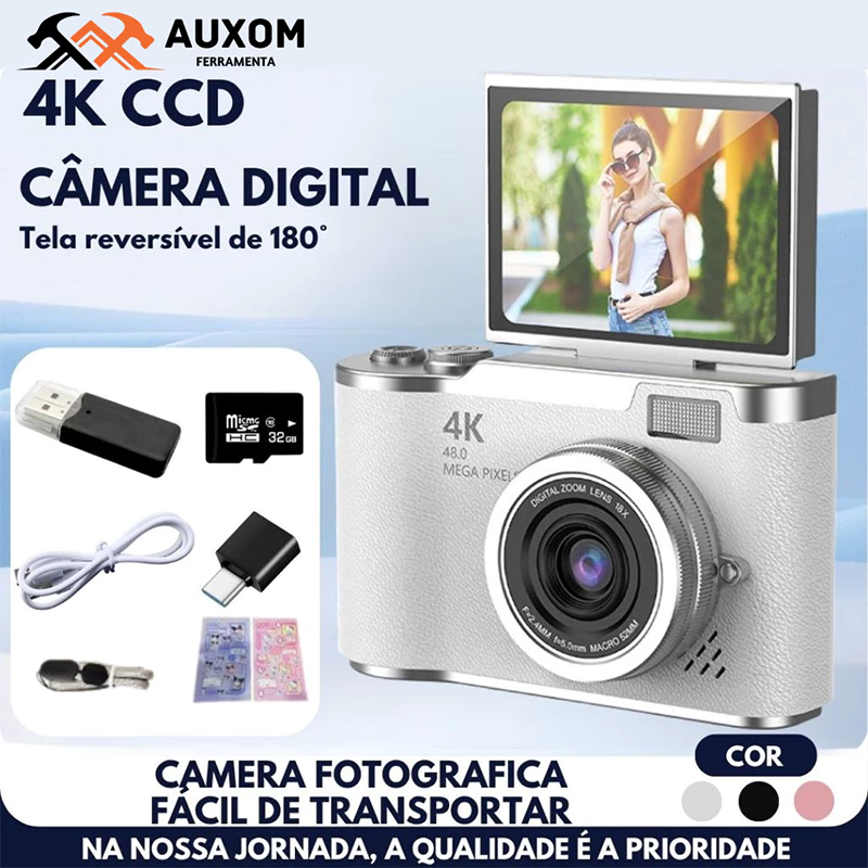 Câmera Digital CCD 48MP com Tela Flip 4K 8X Zoom Presente Estudante Portátil Selfie Vlog