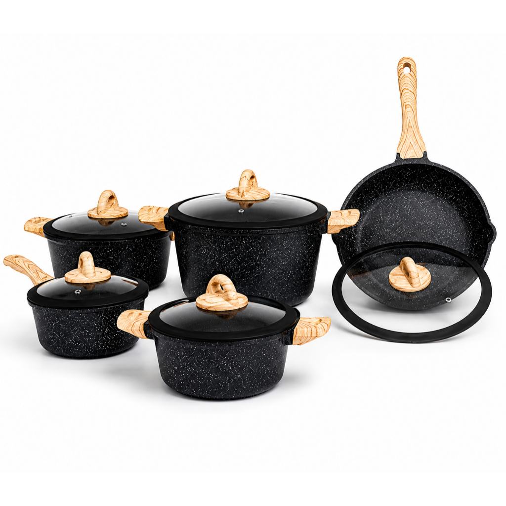 Imagem Jogo de Panelas 5 Peças Cerâmica Granito Antiaderente Preto Indução Gás Elétrico Cabo Cor Amadeirado Premium