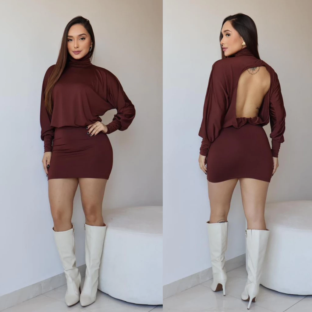 Vestido Suplex Gola Alta Feminino Costas Nuas Manga Morcego Justo Elegante — imagem 1
