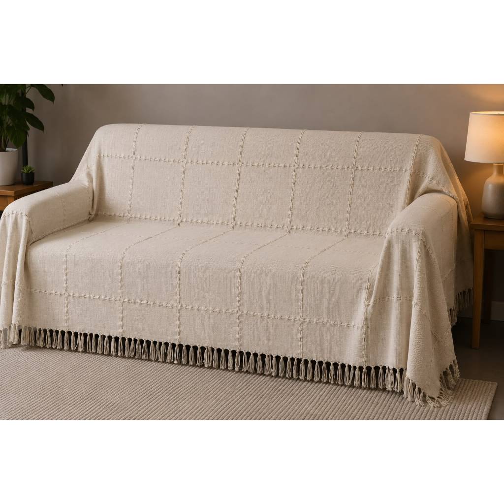Manta para Sofá Xale 3 Lugares 2,20mx2,60m Xadrez Bege Cru com Franjas Artesanal Decorativa Premium