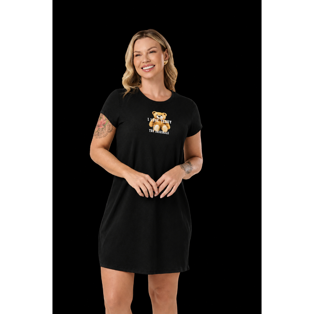 Vestido Meia Malha Feminino Casual Soltinho Manga Curta Estampa Ursinho Confortável