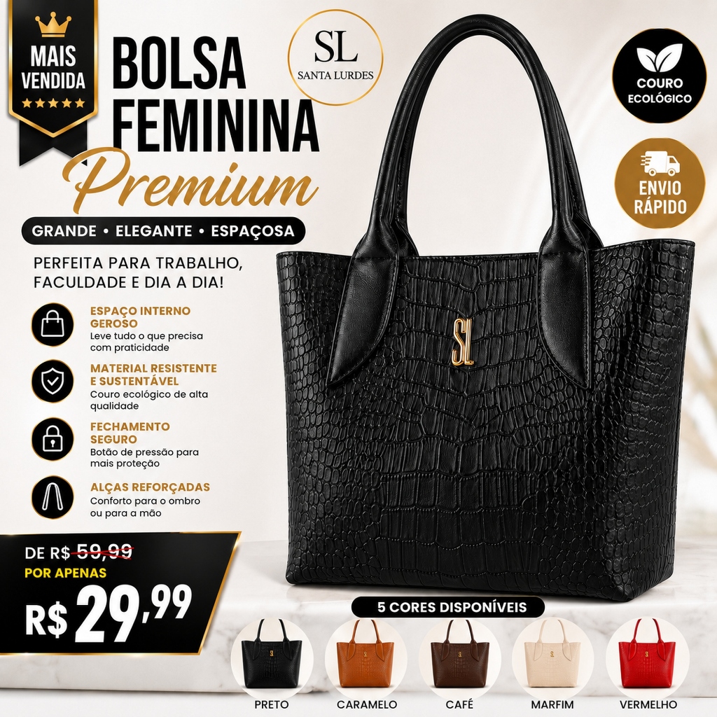Bolsa Feminina Sacola Media Croco SL Alca dupla de Ombro para Faculdade Trabalho Dia Dia Tendencia 2026