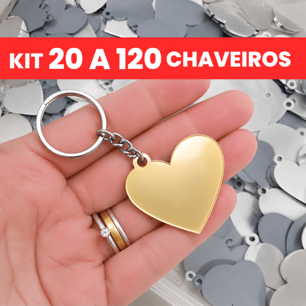 Kit Chaveiros de Coração em Acrílico Espelhado 4cm Dourado, Rose, Prata ou Bronze - Sem personalização