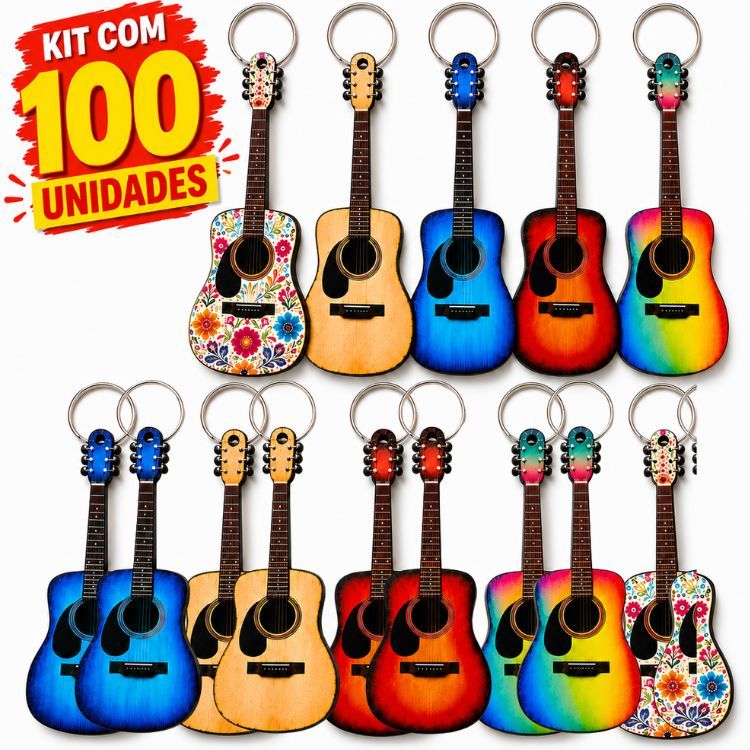 Kit 100 Chaveiros De Violão MDF Colorido 6mm com Argola Instrumento Musical Lembrancinha Decoração