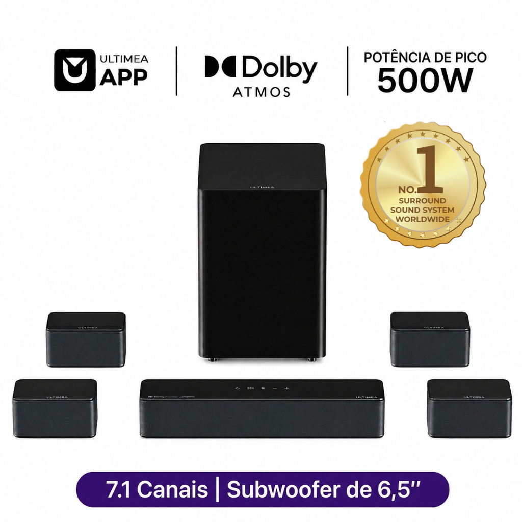 Soundbar ULTIMEA Poseidon D80 Boom 7.1 Canais com Dolby Atmos 500W Subwoofer Sem Fio Bluetooth® 5.3 Som 3D Surround para