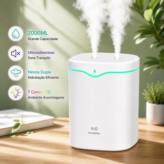 Umidificador De Ar E Aromatizador Bico Duplo De Ambiente Grande Com Luz Led Silencioso 2000ml