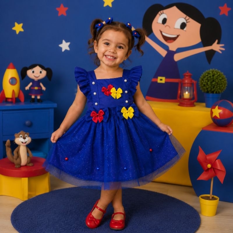Vestido Romper Infantil Menina Bebê Inspirado Show da Luna Regulável Tule com Brilho Festa Aniversário Azul Marinho