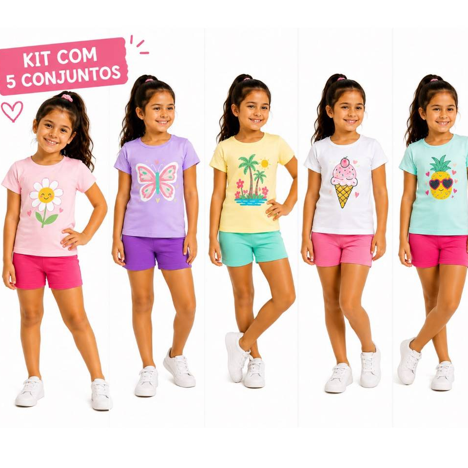 Kit 10 Peças de Roupas Infantil Menina Sortido Verão - 5 Camisetas + 5 Bermudas - Criança