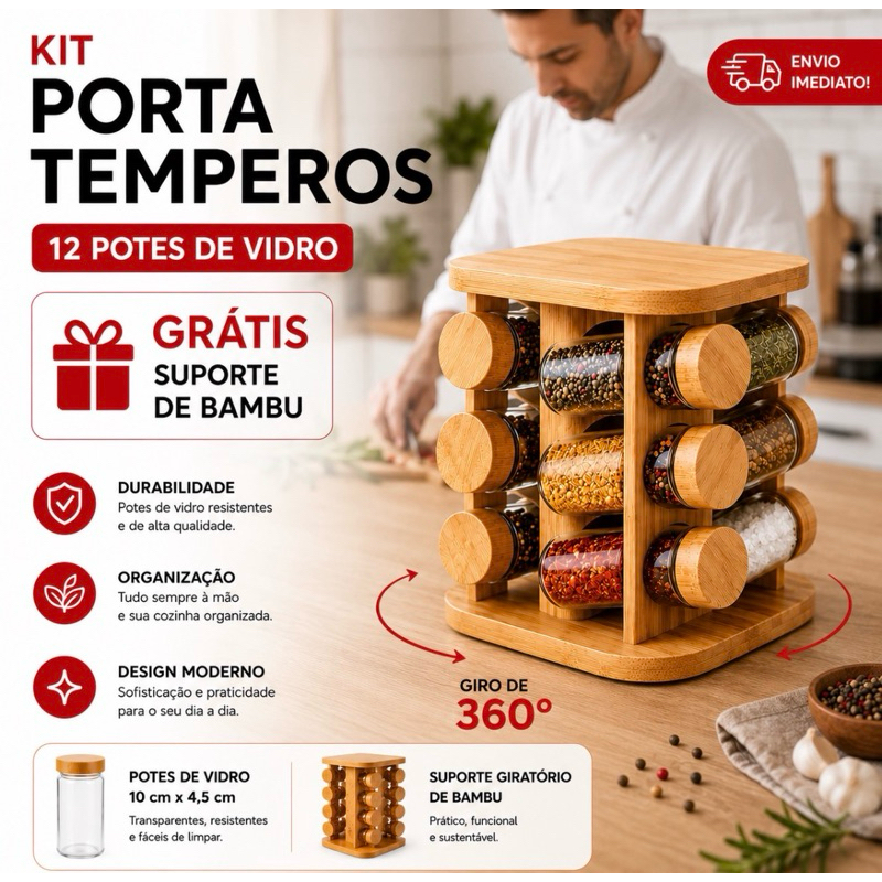 Porta Condimento Temperos Giratório 12 Potes de Vidro Bambu Ecológico Resistente Cozinha