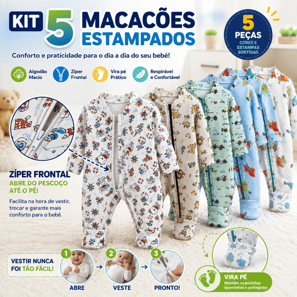 Kit 5 Macacão Menino Bebê Estampado Ziper Algodão Vira Pé Inverno Verao Infantil Macio Macacões