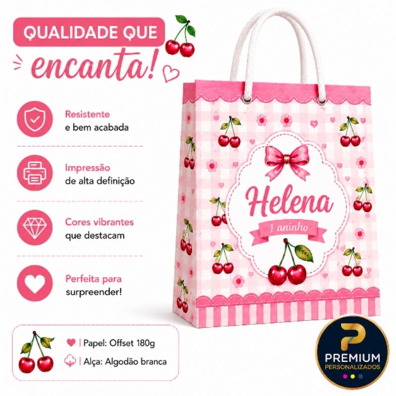🍒 Sacolinha Personalizada Cerejinha | Lembrancinha Aniversário Infantil | Papel Offset 180g ou Fotográfico 180g