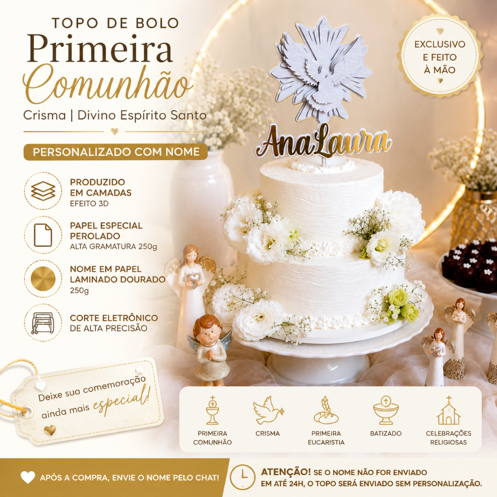 Topo de bolo Primeira Cominhão - Espírito Santo - Topo de Crisma - Topo personalizado com nome - Batizado