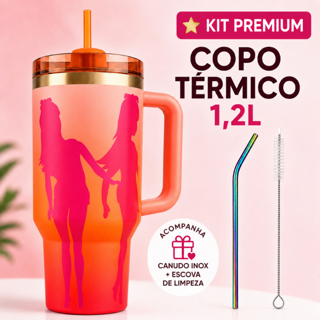 Kit Premium Copo Térmico 1,2L Aço Inox Com Alça Tampa Hermética Canudo Inox Escova