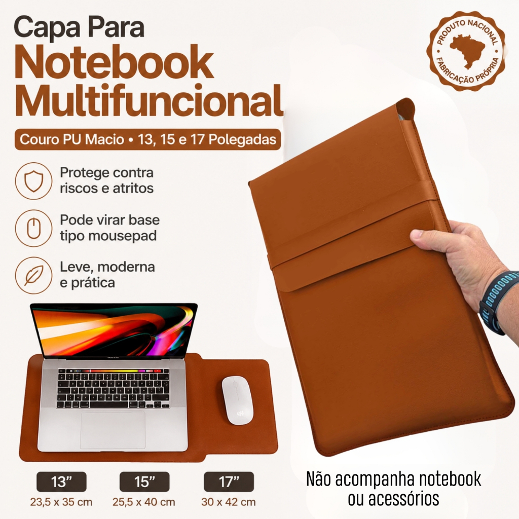 Capa Para Notebook Multifuncional Macia De Couro PU Macbook Air Pro 13, 15 e 17