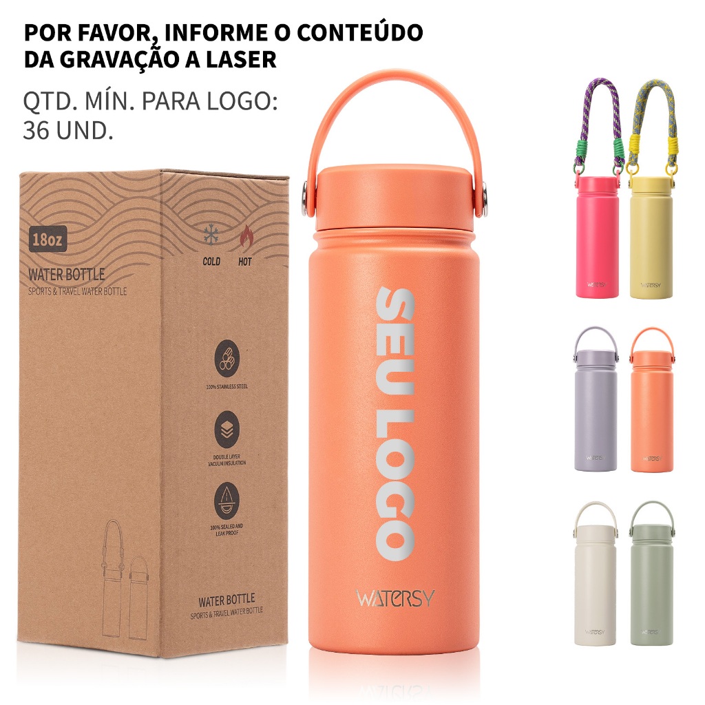 WATERSY Garrafa Térmica com Logo Personalizado 18oz - 6 Cores, À Prova de Vazame