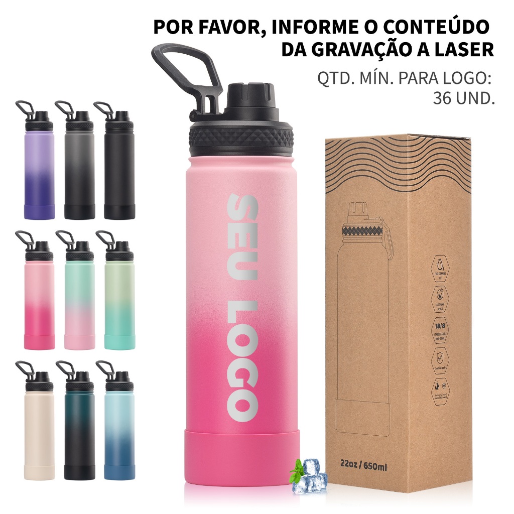 Garrafa Térmica Personalizável 22oz - À Prova de Vazamento, 9 Cores, Custom Logo (Mín 36)