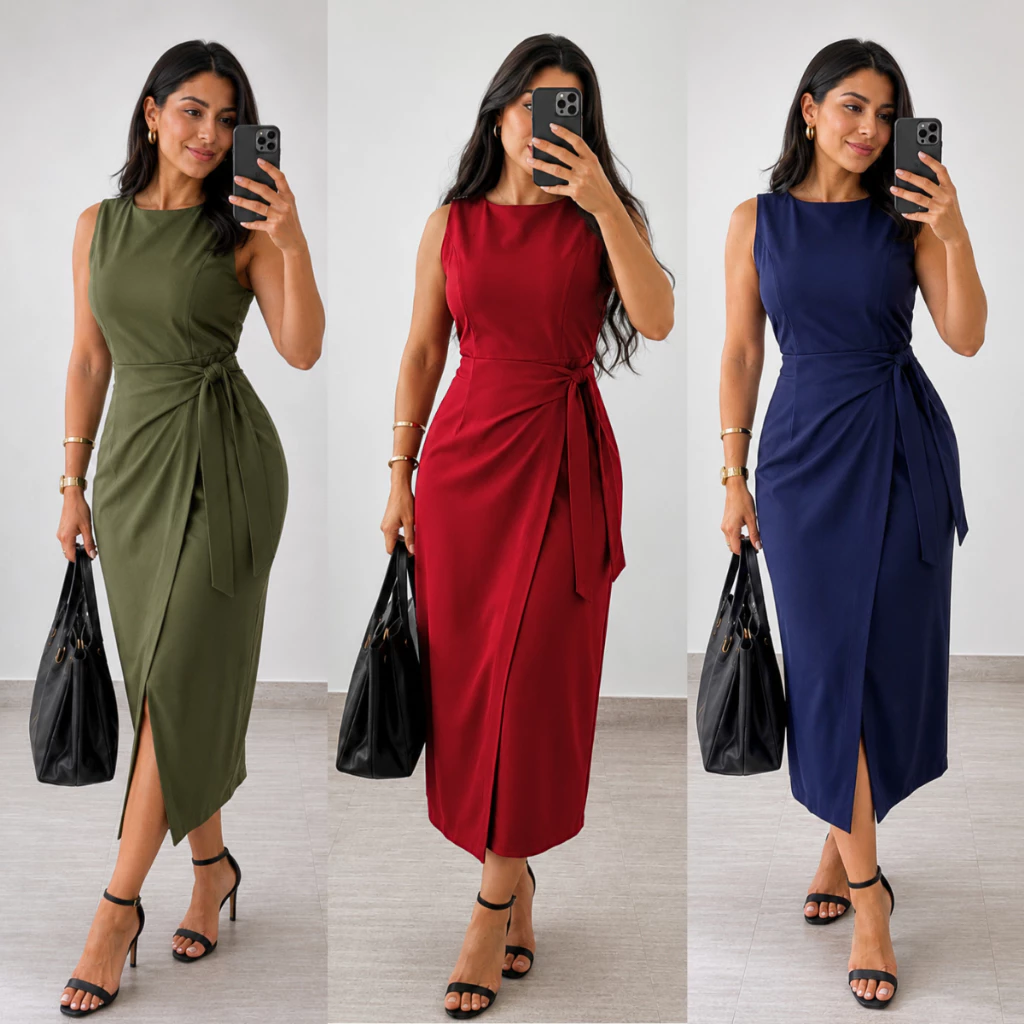 Vestido Feminino Amarração Lateral Alfaiataria Regata Midi Zíper nas Costas Social Elegante PMG Look Moda Evangélica
