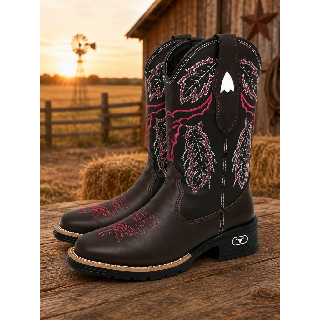 Bota Texana Feminina Bico Quadrado Rodeio Fazenda Confortável Couro