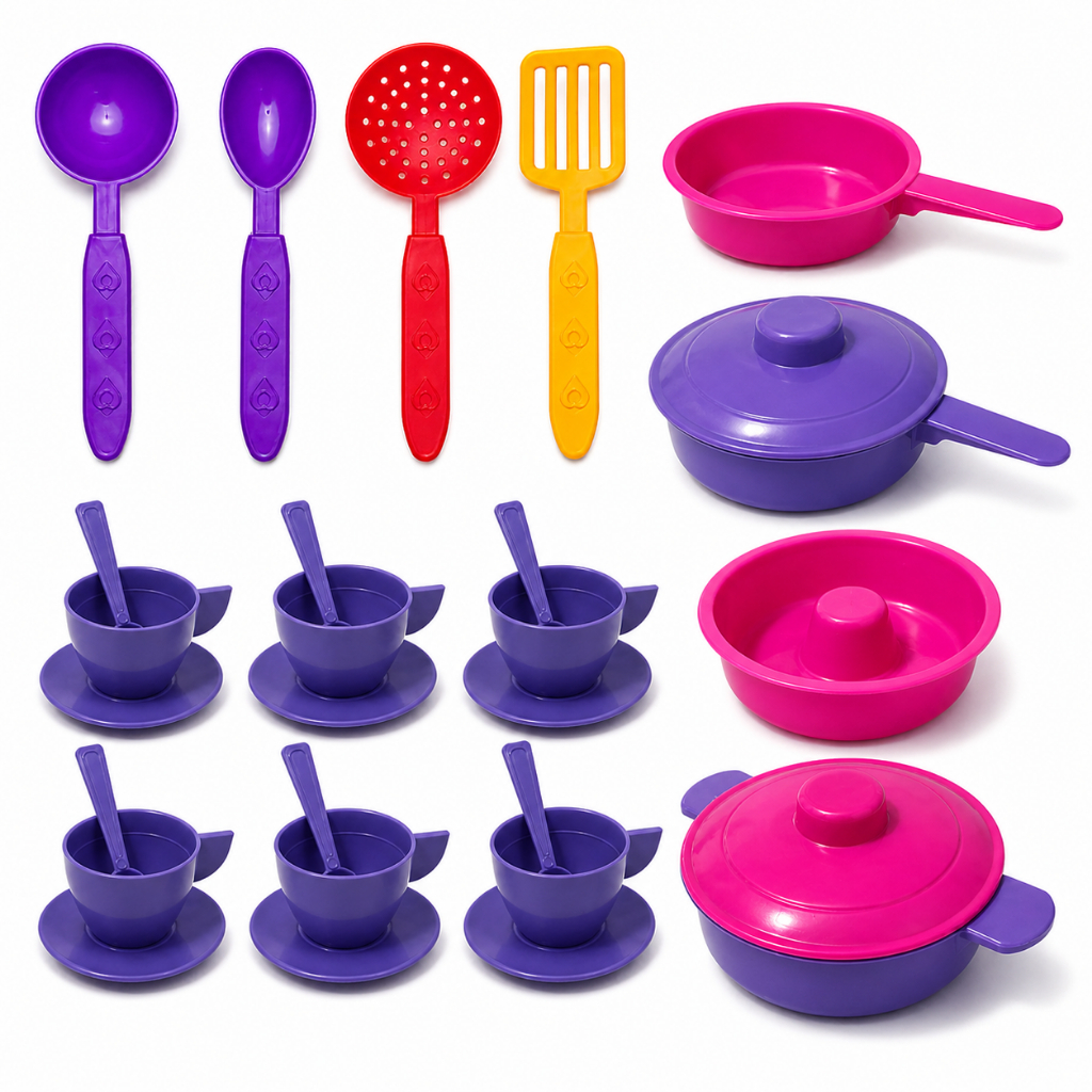 Kit Cozinha Infantil com 28 Peças Panelinhas Xícaras Talheres Faz de Conta Menina Brinquedo