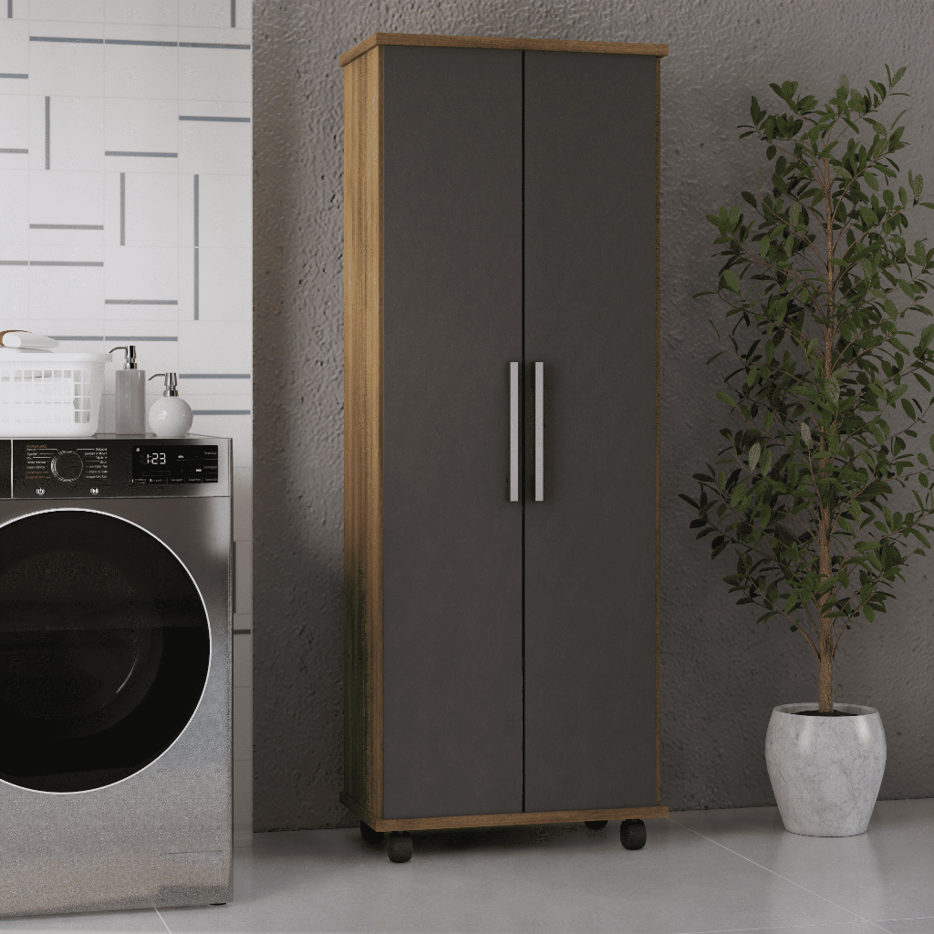 Novo Armário Multiuso 2 Portas com Prateleiras e Rodízios | Organizador para Lavanderia - Cozinha