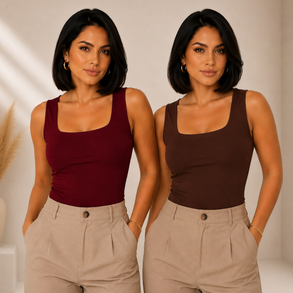 kit 2 Blusa Regata Feminina Decote Quadrado Moda Blogueira Elegante Casual Trabalho Festa Básica Feminina