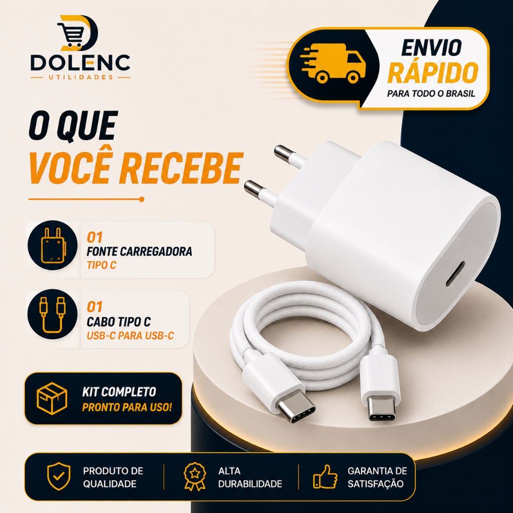 Kit Fonte Carregador USB-C + Cabo Tipo C Carregamento Rápido Compatível Android