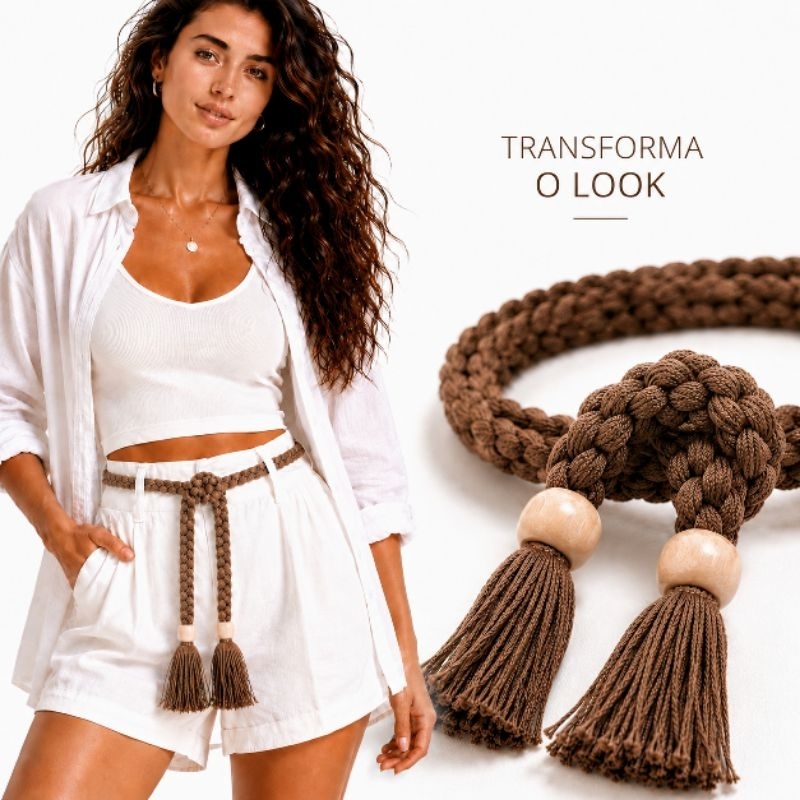 Cinto Boho Feminino Ajustável Em Cordão Algodão Com Franjas Moda Praia Chic Azul Marinho Marrom Bege