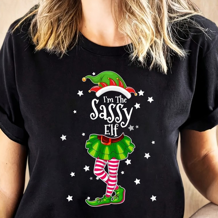 Camiseta Camisa Algodão Feminina Sassy Elf Duende Travesso Natalino Festivo Lettering Estampada Confortável Divertida Es